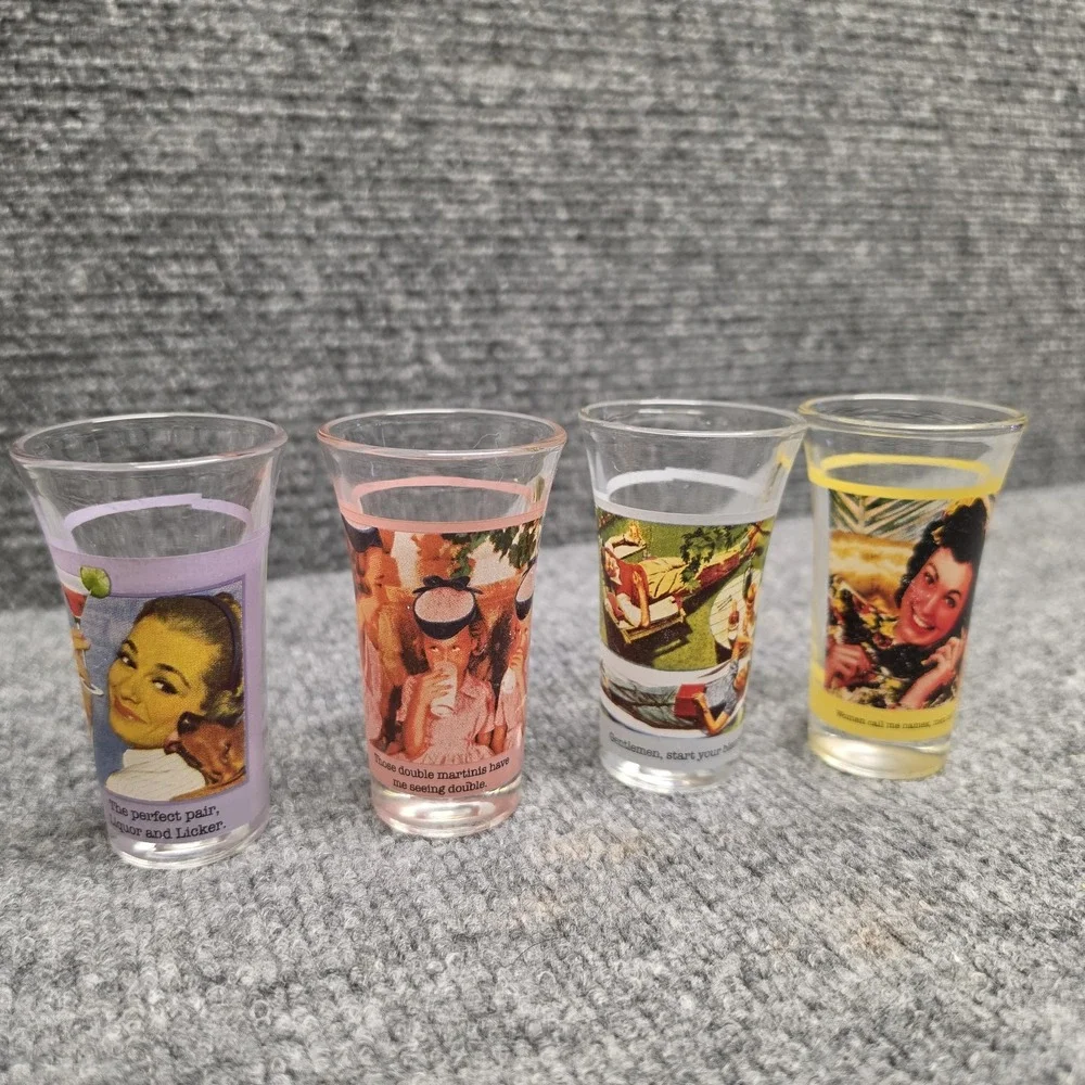 Vintage Anne Taintor Shot Glasses Set of 4 Retro 1950s Funny Humorous Barware
